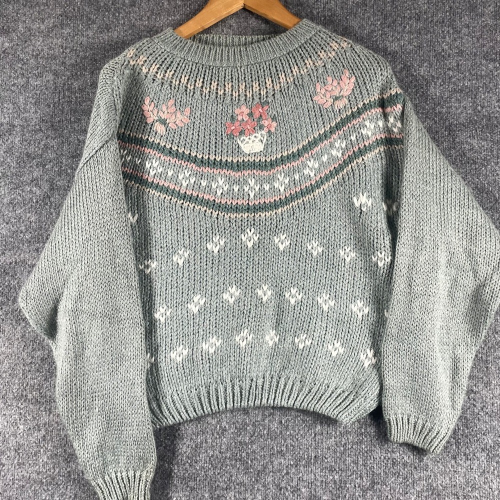 Colleens Collectables Sweater Womens Medium Blue Vintage Floral Hand Knit 90s